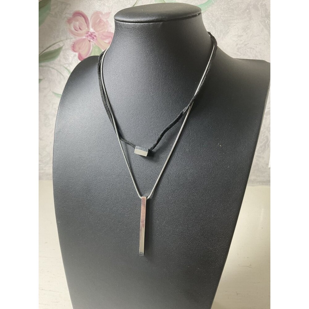 Layered Silver & Black Pendant Necklace With Adjustable Chain